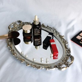 Yamfurga Oval Decorative Mirror Tray, French Style Flower Frame, Makeup Organizer, Jewelry Organizer, Serving Tray, 9.8"x 14.6", Golden Silver