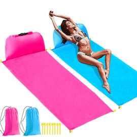 yoostooper 2 pcs Inflatable Beach Chair and Beach Blanket Backrest Lounger with Carrying Bag - Lightweight and Simple Design for Camping and Beach, Comfortable and Relaxing Beach Chair (Pink & Blue)