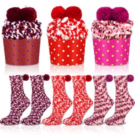 MTINRNI 3 Pairs Gift for Women Cuddly Socks Ladies Christmas Funny Socks Gift Ideas Comfortable Winter Warm Cupcake Fluffy Colourful House Socks Gifts for Girls Girlfriend Sister Mum 36-42, Pink, red,