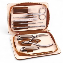 Beauty Power 9 in 1 Professional Manicure Pedicure Set - Stainless Steel Nail Clippers, Nano File, Cuticle Nipper, Scissors, Tweezers, Travel PU Leather Case for Men & Women - Gift Ready (Brown)