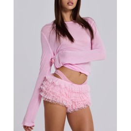Women's Pajamas Lolita Bloomers Y2k Frill Lace Shorts Cute Ruffle Boxer Pants Frilly Pjs Micro Pink