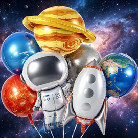 7Pcs Astronaut Rocket Balloons/Outer Space Birthday Party Decor with 4D Jupiter, Earth, Sun, Moon, Neptune/Solar System Galaxy Planet Decor for Space Baby Shower STEM Science Party Universe Themed