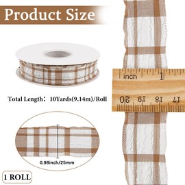 CABODYALS 9.14M 25mm Camel Gingham Pleated Ribbon Thin Brown Plaid Trim Double Ruffled Chiffon Fabric Polyester Checkered Ribbons for Gift Wrapping Diy Craft Birthday Wedding Invitation Decor