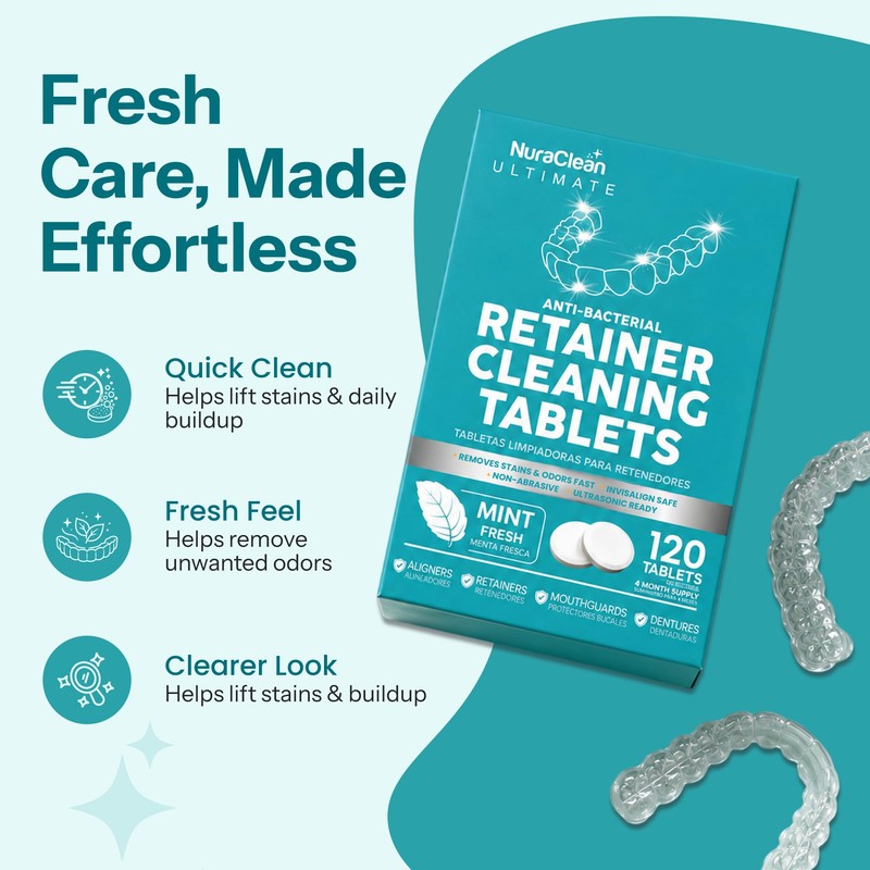 NuraClean Ultimate Retainer Cleaning Tablets Mint Fresh Removes Stains, Deposits,
