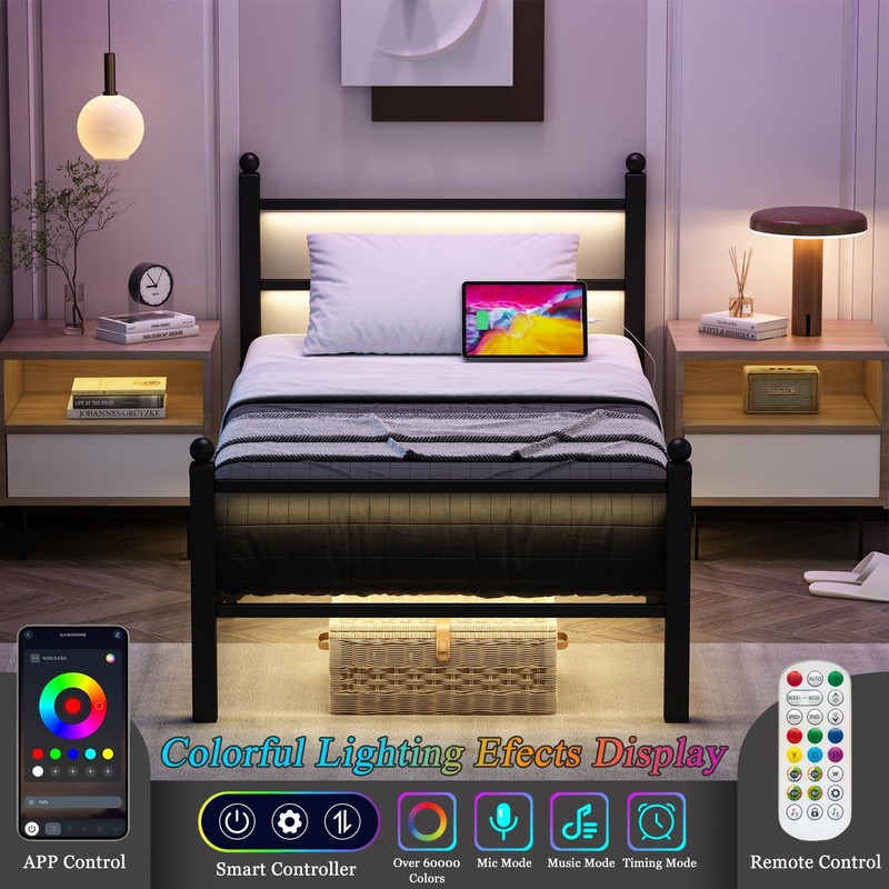 Twin Bed Frames With Charging Station & LED Lights, Metal