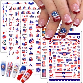 8Pcs 4th of July Nail Stickers Independence Day Nail Art Stickers USA Patriotic Theme Nail Design Supplies 3D American Flag Heart Eagle Butterfly Nail Decals for Memorial Day DIY Manicure Decoration