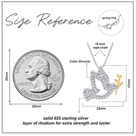 Round Cut White Cubic Zirconia Dove Flying Bird Branch Pendant Necklace Jewelry for Women in Two-Tone 14k White Gold Plated Sterling Silver Along with 18" Chain Necklace