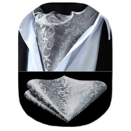 HISDERN Mens Cravat and Pocket Square Set Silver Paisley Cravat for Men Silk Ascot Tie and Handkerchief for Wedding Party Christmas