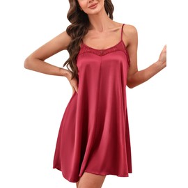 ouansyltg Valentines Day Silk Nightgown Satin Chemise Sleep Dress Sexy Sleepwear Sleeveless Night Gown Wine Red S