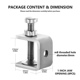 Acrux7 8 Pack 304 Stainless Steel Small C Clamps with 0.98 Inch Wide Jaw Opening, Heavy Duty Mini Tiger Clamp Set, Metal C-Clamps for Woodworking Welding Mounting