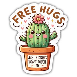 Cactus Stickers Funny Free Hugs Just Kidding Don't Touch Me Colors Vinyl Stickers, Weather-Resistant Sticker for Water Bottles, Laptop, Window, Car Size 4"