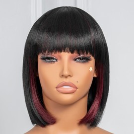 ToyoTress Peek-a-boo Burgundy Bob Wigs With Bangs - 10 Inch Yaki Straight Hair Daily Costume Wig For Black Women, Soft Short Synthetic Hair Replacement Wigs Heat Resistant (10 Inch, SH/Burg-613H)