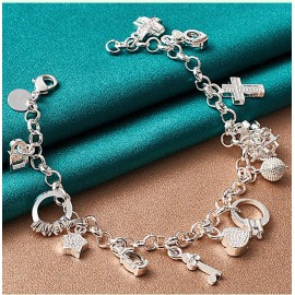 Silver Charm 925 Sterling Silver Crown Key Heart Lock Cross Thirteen 13 Charms Chain Bracelet