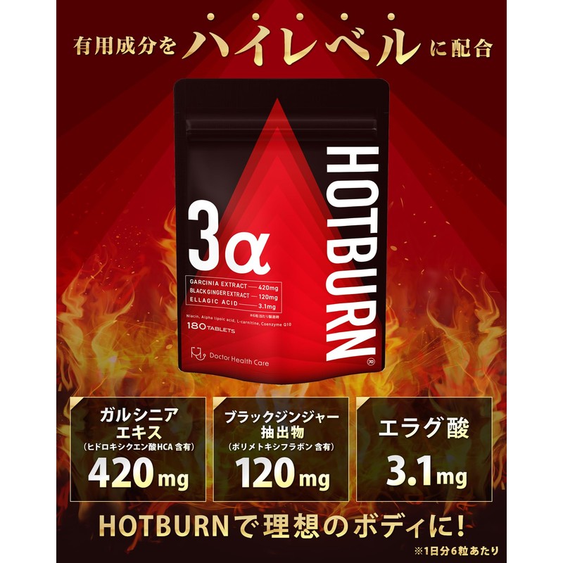 ホットバーン ガルシニア 420mg ブラックジンジャー 120mg エラグ酸 3.1mg ダイエットサプリ HOTBURN 180錠