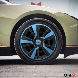 OMAC - Matt Black with Blue Hub Caps 14 Inch Set of 4, Tapas para Rines 14, Premium Wheel Covers 14 Inch, R14 Rim Cover Set, Snap On Durable Car Replacement Exterior Accessories
