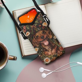 Sktodyaw Mobile Phone Bag Lightweight Small Crossbody Bag for Women Men Soft Phone Pouch Phone Sleeve with Adjustable Strap Fit Most of Smartphones, Cute Dachshund Daisy Leaves Print