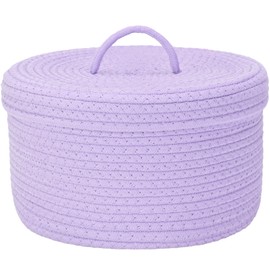 Sea Team Round Cotton Rope Storage Basket with Lid, Lidded Woven Storage Bin, Nursery Storage Container, Diaper Caddy, Baby Shower Basket, Box, Organizer, 11.8 x 11.8 x 6.7 Inches (Medium, Lavender)