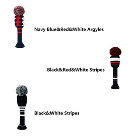 Knit Golf Club Head Covers Set of 3 Blue&Red&White Argyles for Woods and Driver, Pom Pom Clubs Headcovers with Number Tag for Fairway Hybrids Men Women Golfer (3 Pack-Navy Blue&Red&White Argyles)