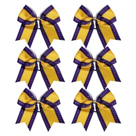 Cheerleader Bows 8 Inch Comb Color Cheerleader Ponytail Holder with Rhinestones, Set of 6 (Purple/Gold)