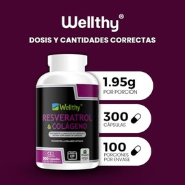 Wellthy Colágeno Resveratrol 300 Caps 1300mg Por Porción 600mg Colageno Cápsulas Veganas Gluten Free Sugar