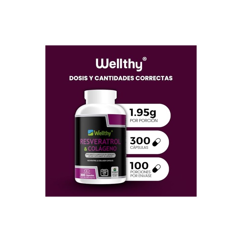 Wellthy Colágeno Resveratrol 300 Caps 1300mg Por Porción 600mg Colageno