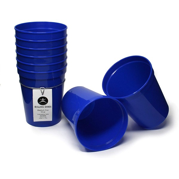 Rolling Sands 16 Ounce Reusable Plastic Stadium Cups Blue, 8 Pack, Made in USA, BPA-Free Dishwasher Safe Plastic Tumblers