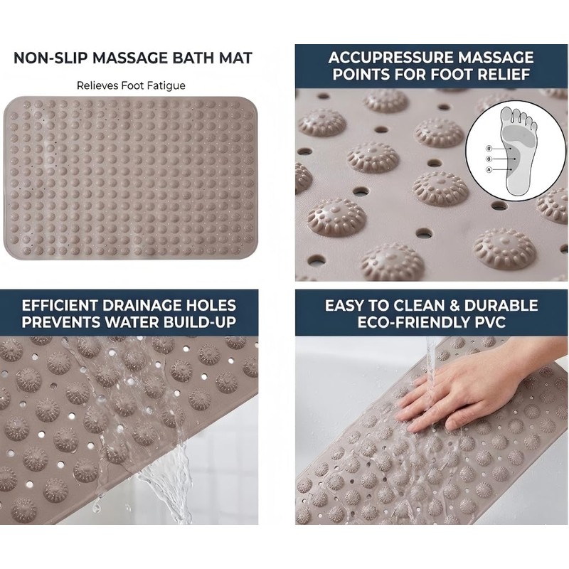 Shower Mat, Non-Slip Shower Mats with Suction Cups and Drain