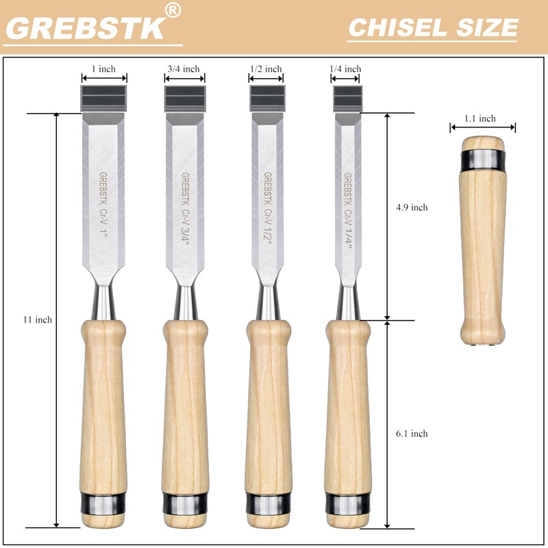 GREBSTK 11in Wood Chisel Set for Woodworking, 4pcs Chrome Vanadium