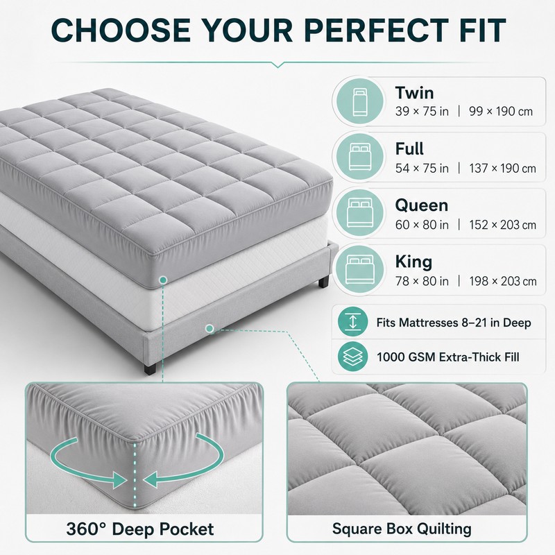 Extra Thick 1000GSM Cooling Mattress Pad, Deep Pocket Topper