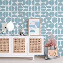 VEELIKE Distressed Circles Geometric Peel and Stick Wallpaper Vintage Art Deco Wallpaper for Bedroom Bathroom 17.7''x354'' Removable Self Adhesive Modern Wall Paper Blue Contact Paper for Cabinet Wall