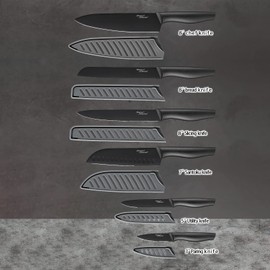 Kitchen Knife Set, KYA38 12-Piece Kitchen Knives Set with Covers, Marco Almond® 6 Knives with 6 Blade Guards, Stainless Steel Cooking Knives Set for Kitchen, Black
