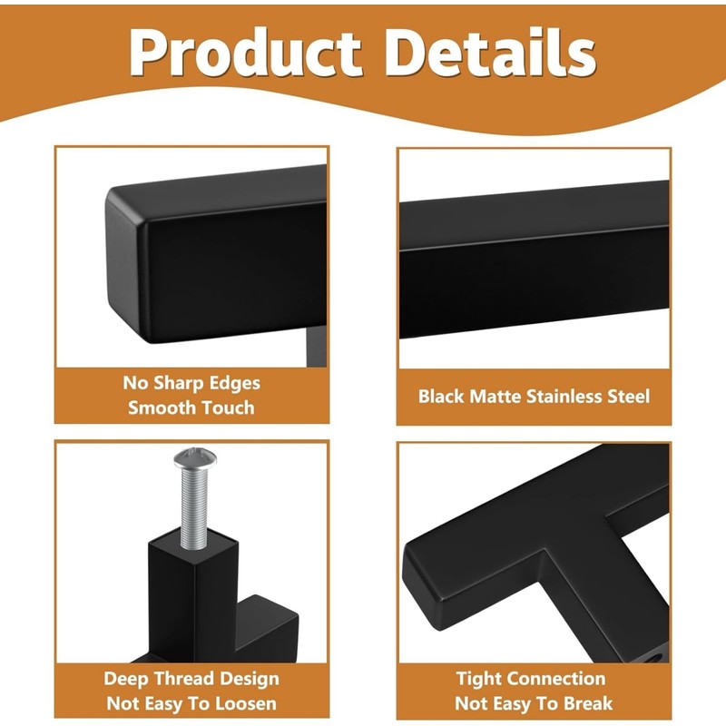 SNOKAY 10 Pack Matte Black Square T Cabinet Pulls Single