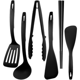 Nagao Tsubamesanjo Kitchen Tool Set, 6 Pieces, Turner, Ladle, Tongs, Spatula, Vegetable Chopsticks, Rice Spoon, Black, Made in Japan