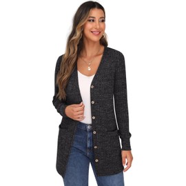 GRECERELLE Women's Long, Elegant, Lightweight V-Neck Cardigan with Pockets and Button Placket, 07 Dark grey