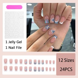 24pcs White French Tip Glitter Heart Stick-on False Nails - Medium Square Shape. Removable Glue-on Full Cover Fake Nails for Women & Girls Nail Art Accessories