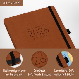 Häfft® Chäff-Timer Deluxe Calendar 2025/2026 A5 "Cognac" Book Calendar, Appointment Calendar, Weekly Planner, Diary for 18 Months: July 25 to December 25 - Sustainable and Climate Friendly