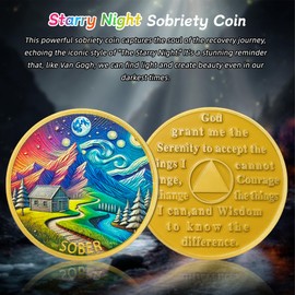 Starry Night Mountain Cabin Sobriety Coin - Recovery Addiction Van Gogh Style AA Coins - NA AA Chips and Medallions - Celebrate Living Clean Token Narcotics Alcoholics Anonymous Gifts for Women Men