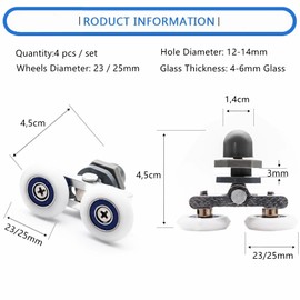 4 x Shower Door Wheel Rollers, Double Rollers for Shower Cubicle Door, Top and Bottom, No Noise, Double Sliding Roller Door Wheel Bathroom Glass Door (23 mm)
