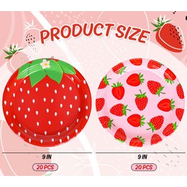 JarThenaAMCS 40Pcs Strawberry Paper Plates Red Pink Strawberry Disposable Plates 9 Inch Fruit Party Dinner Plates for Spring Summer Wedding Birthday Baby Shower Party Supplies