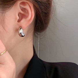 Wiwpar Dainty Small Chunky Bean Sterling Silver Hoop Huggie Studs Earrings Thick Hoops Earrings 925 Sterling Silver Jewelry Medium Large for Women Bar Wedding (Silver)