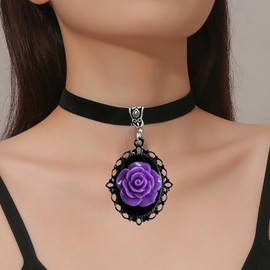 GYRMMUE Red Rose Cameo Pendent Choker,Gothic Black Velvet Choker Necklace Vintage Resin Red Crystal Gem Pendent Necklace Witch Jewelry for Women (Purple)