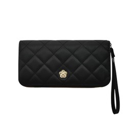 WisePoint Women's Purse, PU Leather Women's Wallet with Wrist Strap, Rhomboid Pattern Credit Card Holder with Zip, Large Capacity Long Clutch Purse, black, Elegant