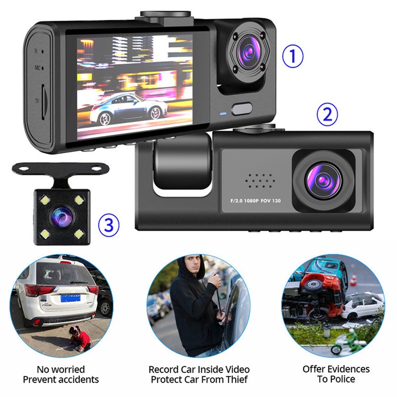 Dash Cam Front and Rear Inside 3 Cameras 1080P+720P+480p Car