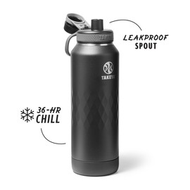 Takeya Sport 40 oz Triple-Insulated Stainless Steel Water Bottle – Leakproof, Sweatproof, BPA-Free, Keeps Drinks Cold 36 Hrs, Hot 14 Hrs – Obsidian