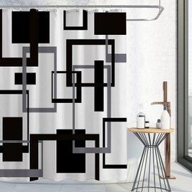 Black and White Shower Curtain, Black Grey Geometric Fabric Shower Curtain Set, Abstract Mid Century Modern Minimalist Waterproof Shower Curtain for Bathroom Decor, 72 x 72
