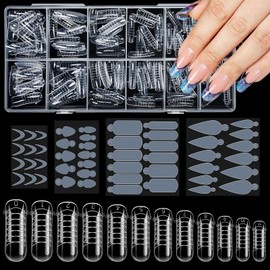 Becellen Pack of 120 Dual Tips Nails Set, Transparent Dual Nail Forms with 48 Pieces Nail Stickers Full Cover Polygel Tips with Size Scale Acrylic Polygel Nail Extension for Nail Art