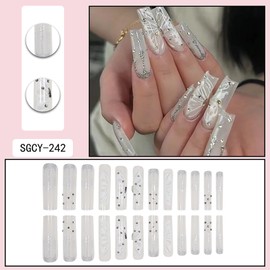 RTKHFZE Long Coffin Press on Nails Cute Acrylic Fake Nails Nude Glitter False Nails with Butterfly Pattern Designs Rhinestone Artificial Nails Full Cover Stick on Nails for Women 24Pcs