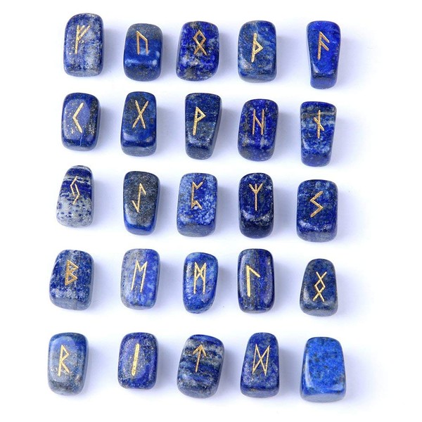 Arts Of India Lapis Lazuli Stone Rune Set Tumbled Engraved Lettering Crystal Set for Wicca Reiki Crystal Healing
