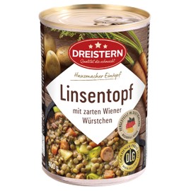 DREISTERN Linseneintopf Mit Wiener Würstchen 400 G | Leckerer Eintopf Mit Viel Einlage In Der Praktischen Recycelbaren Konserve | Hausmacher Eintopf Mit Viel Fleisch Und Gemüse