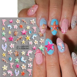 Flower Nail Stickers Summer Nail Decals Shell Nail Stickers for Nails Art Colorful Starfish Sea Turtles Corals Fish Design Ocean Nails Art Sticker for Women Decor Manicure Supplies 3 Sheet
